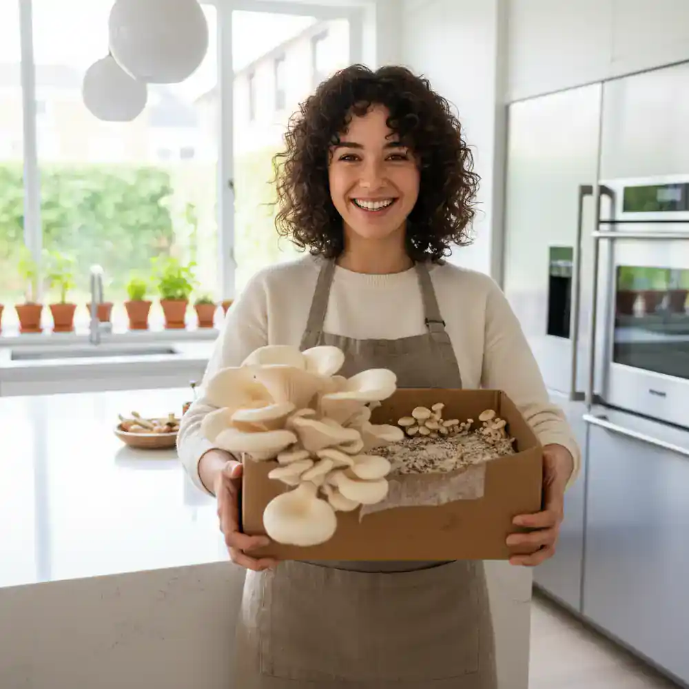 Happy woman holding a thriving mushroom grow kit