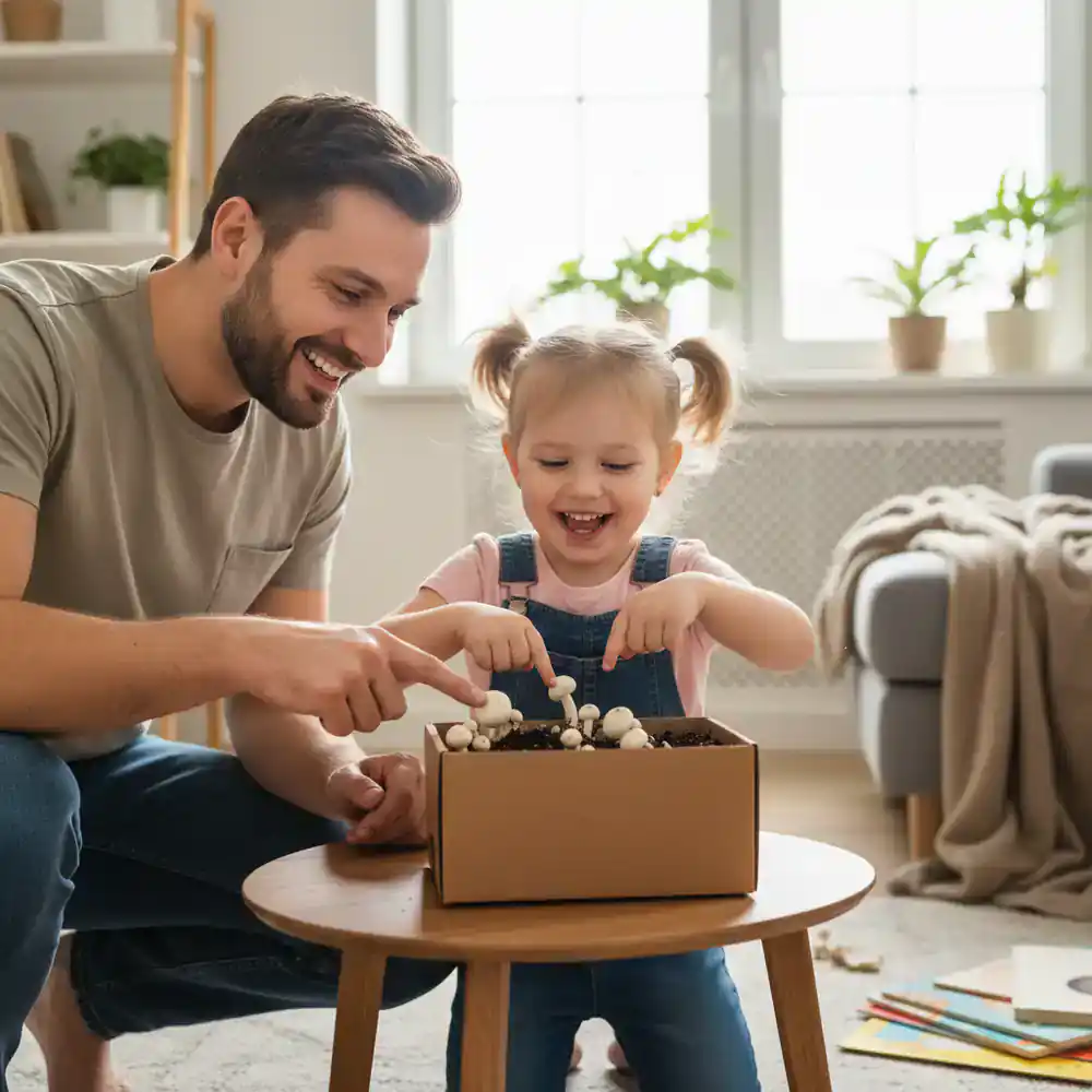 Father and daughter looking at a mushroom grow kit