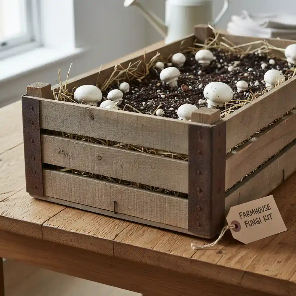 White button mushrooms growing in a wooden crate kit