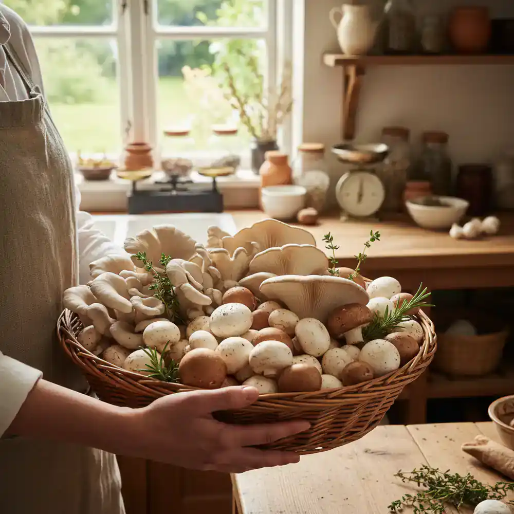 Basket of freshly harvested home-grown mushrooms